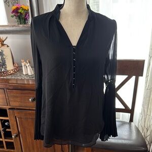 WHBM Black Long Sleeve Buttoned Blouse with Mandarin Collar